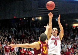 OSU junior guard Aaron Craft (4) shoots a game-winning 3-pointer during the March 24 NCAA Tournament game against Iowa State. With the 78-75 win, OSU advanced to the Sweet 16.