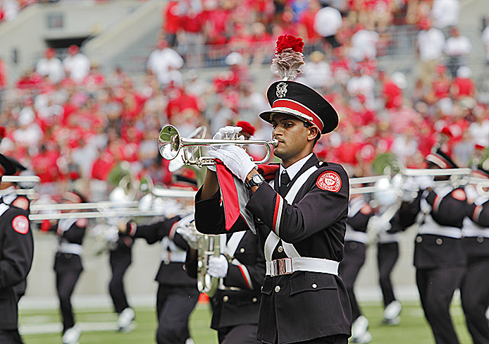 An OSU Marching Band member plays during the OSU game against Buffalo Aug. 31 at Ohio Stadium. Credit: Ritika Shah / Asst. photo editor