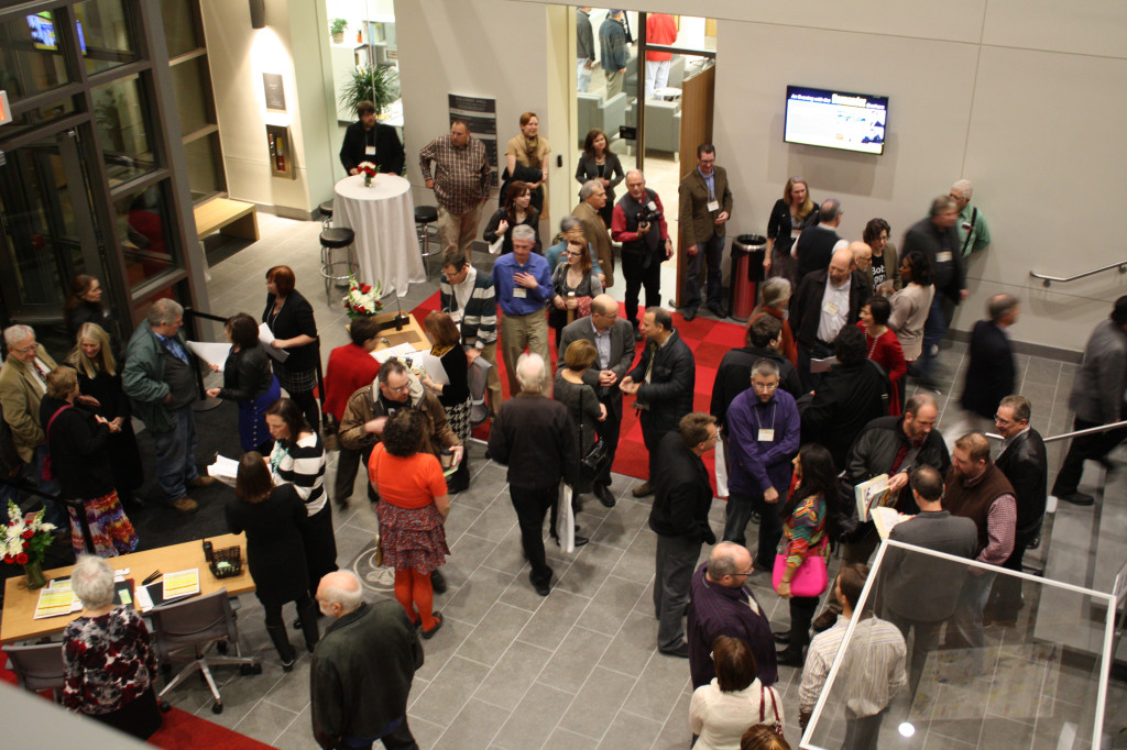 Attendees file into the Sullivant Hall lobby in anticipation of the grand opening ceremony of the Billy Ireland Cartoon Library and Museum Nov. 15. Credit: Matthew Lovett / Lantern photographer