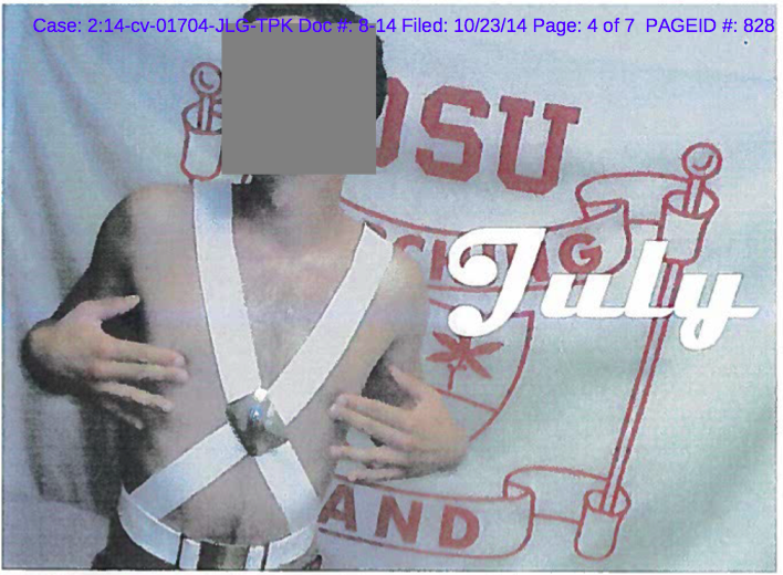 A photo from a 2007 calendar university officials found in the office of former OSU Marching Band director Jonathan Waters, depicting semi-nude male band members in seductive poses. Credit: Court records