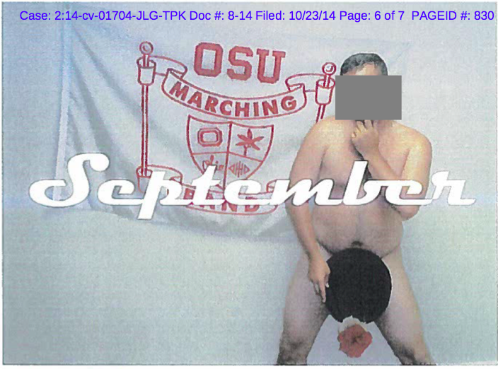 A photo from a 2007 calendar university officials found in the office of former OSU Marching Band director Jonathan Waters, depicting semi-nude male band members in seductive poses. Credit: Court records