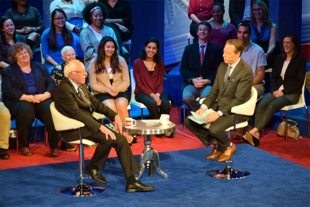 Vermont Sen. Bernie Sanders, who is running for the Democratic presidential nomination, sits down with CNN's Jake Tapper after answering questions from the Democratic town hall's audience on March 13 in Ohio State's Mershon Auditorium. Tapper asked Sanders more about his personal life, launching questions about the senator's circle of friends. Credit: Robert Scarpinito | Copy Chief