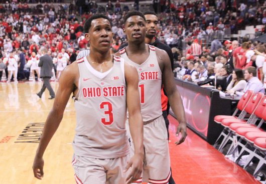 Ohio State sophomore guard C.J. Jackson (3) and junior forward Jae'Sean Tate (1) walk off the court at halftime of OSU's 96-92 loss to Indiana on March 4. Credit: Mason Swires | Former Assistant Sports Editor