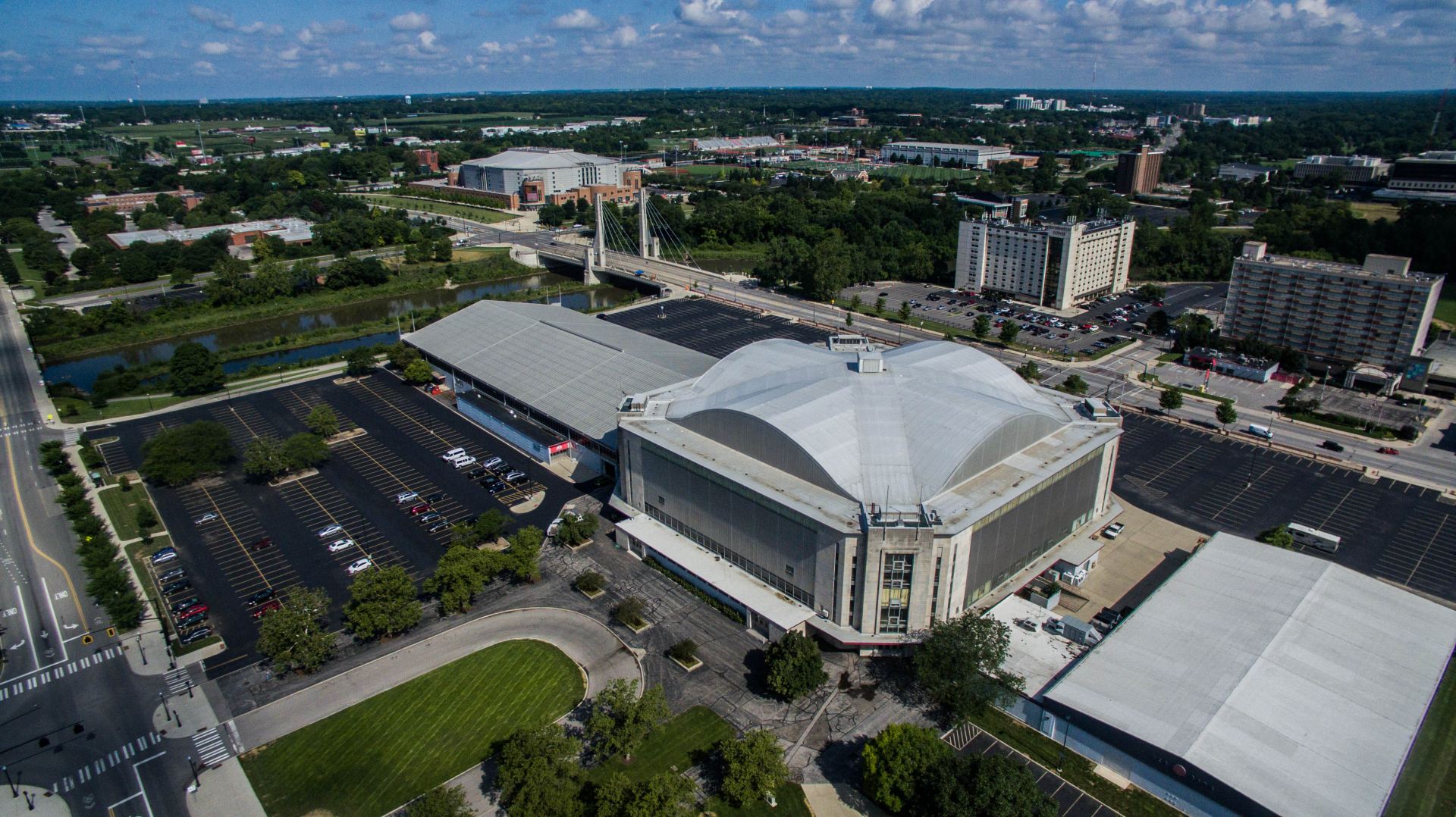 Aerial photo of St. Johns Arena with the Schottenstein Center in the backgroud.