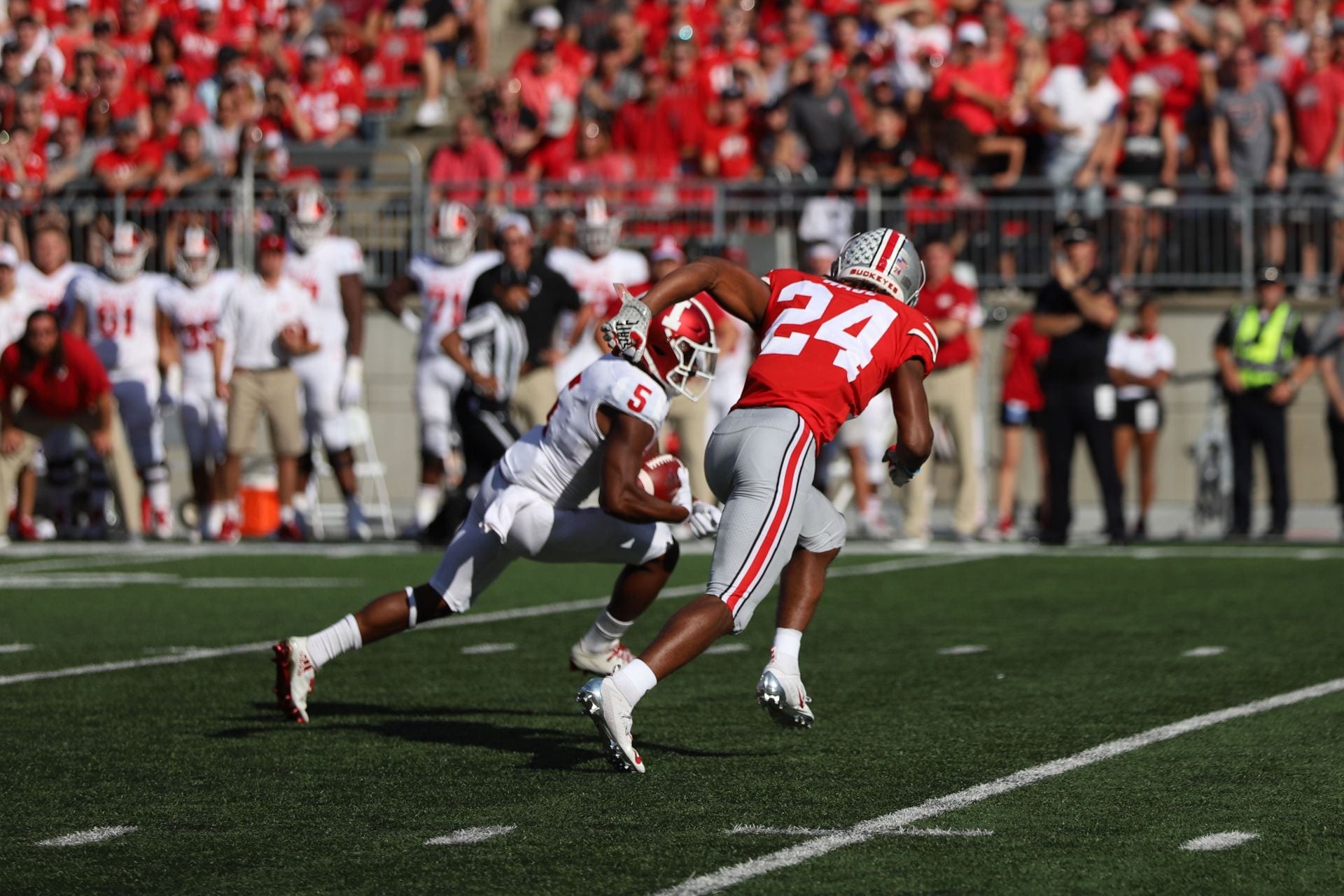 Ohio State cornerback Shaun Wade chases down an Indiana receiver with the ball