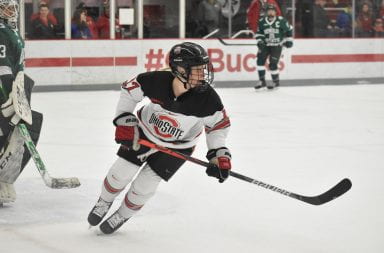 Ohio State junior forward Emma Maltais (17) zones in on the movement of the puck during the Ohio State-Bemidji State game on Jan.31. Ohio State won 7-2. Credit: Mackenzie Shanklin | For the Lantern