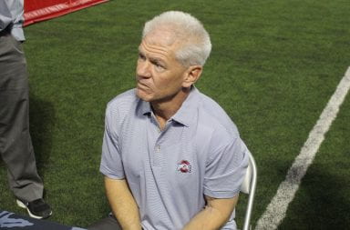 Ohio State defensive coordinator Kerry Coombs speaks with media on Ohio State's indoor practice field.