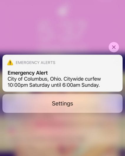 An emergency alert sent to phones after a citywide curfew was instituted for 10 p.m. Saturday. Credit: The Lantern Staff