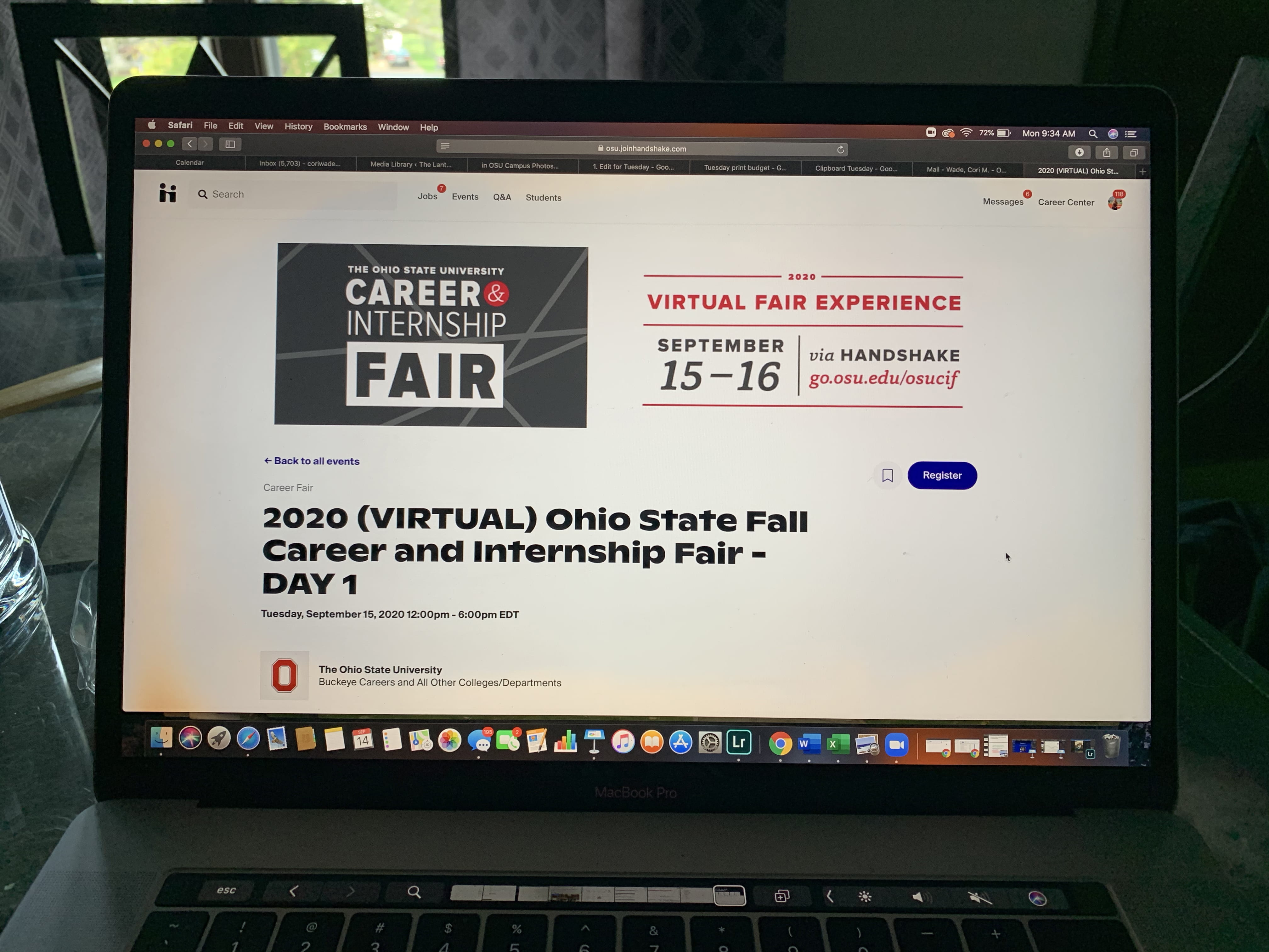 Photo of laptop with the Handshake website for the career fair