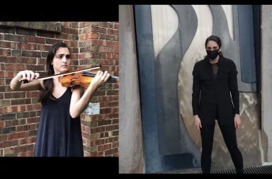 on the left devin copfer holds her violin and on the right laura puscas the executive and artistic director of COMO stands for the photo