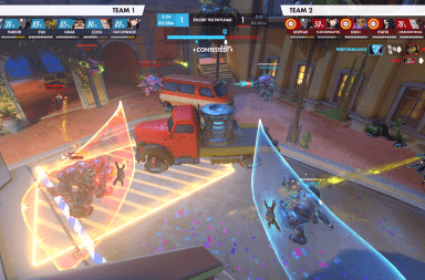 Ohio State's team and Florida Atlantic's team set up shields opposite one another in an Overwatch match.