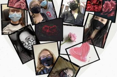 A number of selfies arranged in the shape of a heart depict members of Sigma Alpha wearing their masks