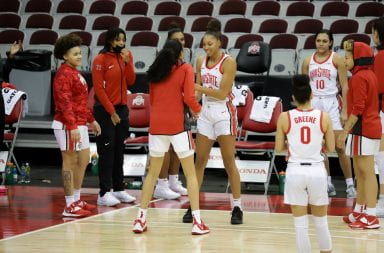 Ohio State junior forward Aaliyah Patty (32) enters the court before the Ohio State-Miami game on Dec. 10. Ohio State won 104-65.