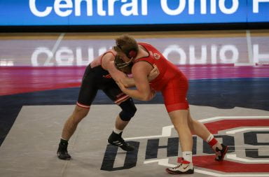 Ohio State junior Tate Orndorff ties up his opponent during the Ohio State-Rutgers match on Jan. 24.