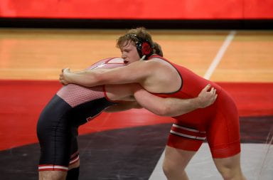 Tate Orndorff ties up with a Rutgers opponent