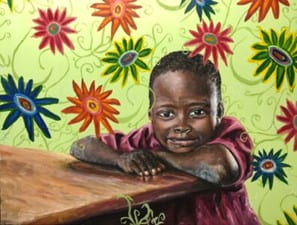An artistic painting of a young African American boy surrounded by flowers