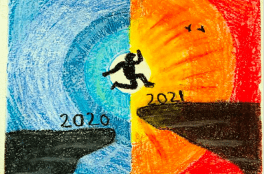 A pastel painting shows a silhouetted figure jumping from a lower ledge labeled 2020 to a higher one titled 2021