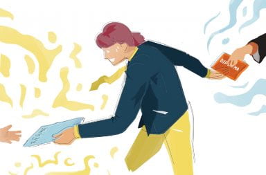 Illustration of a woman being handed a diploma and handing off a resume