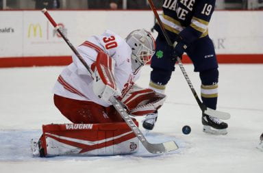 Ohio State sophomore goaltender Ryan Snowden (30) prepares to stop the puck during the Ohio State-Notre Dame game on Feb. 5.