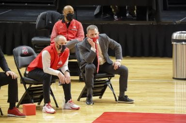 Head coach Tom Ryan looks on during the Ohio State-Rutgers match on Jan. 24. Ohio State won 19-14.