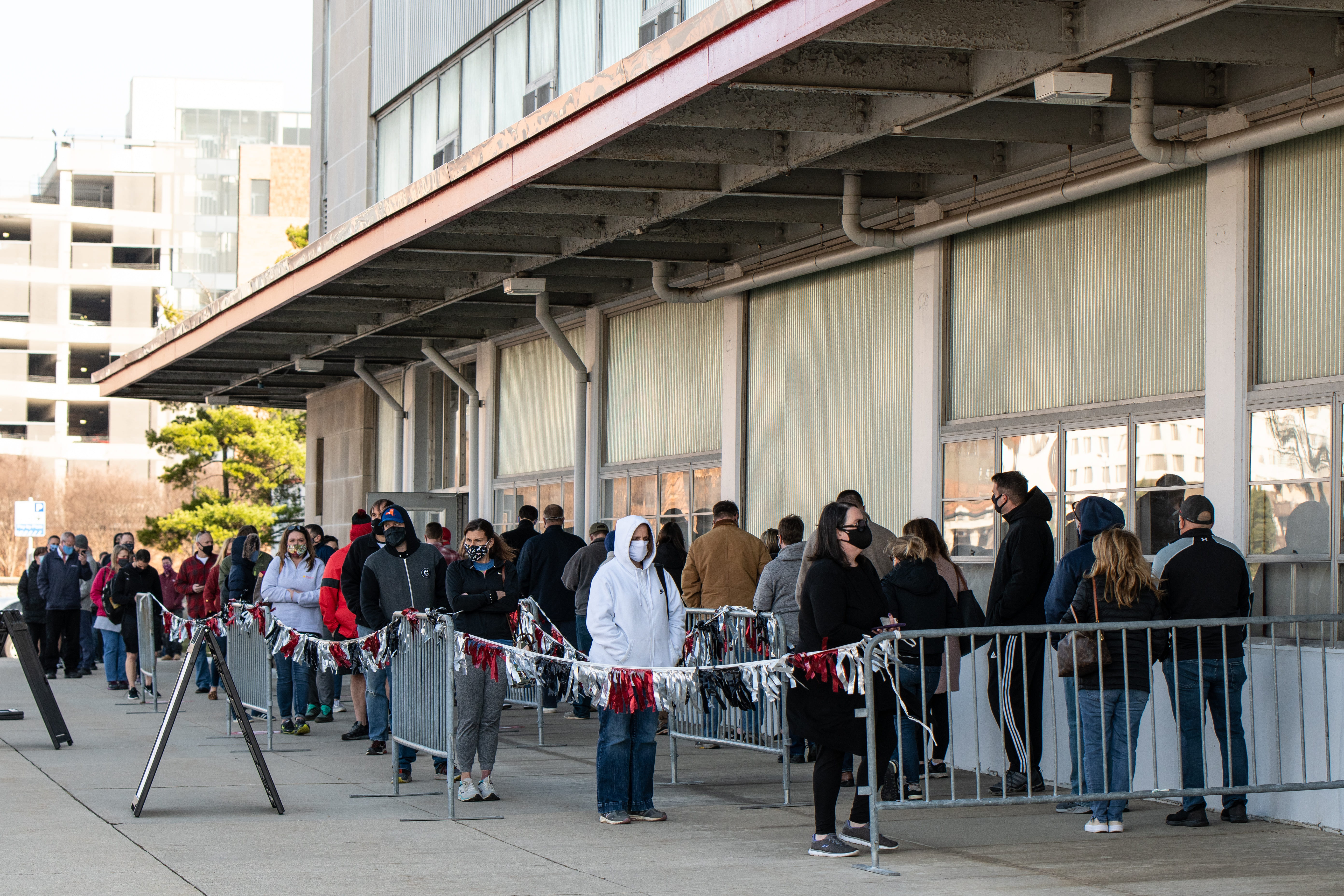 photo of vaccine line outside st. john arena at ohio state