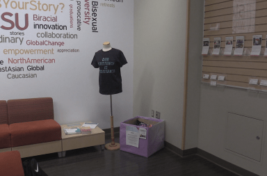 A t-shirt and a donation box inside the Multicultural Center's office in the Ohio Union