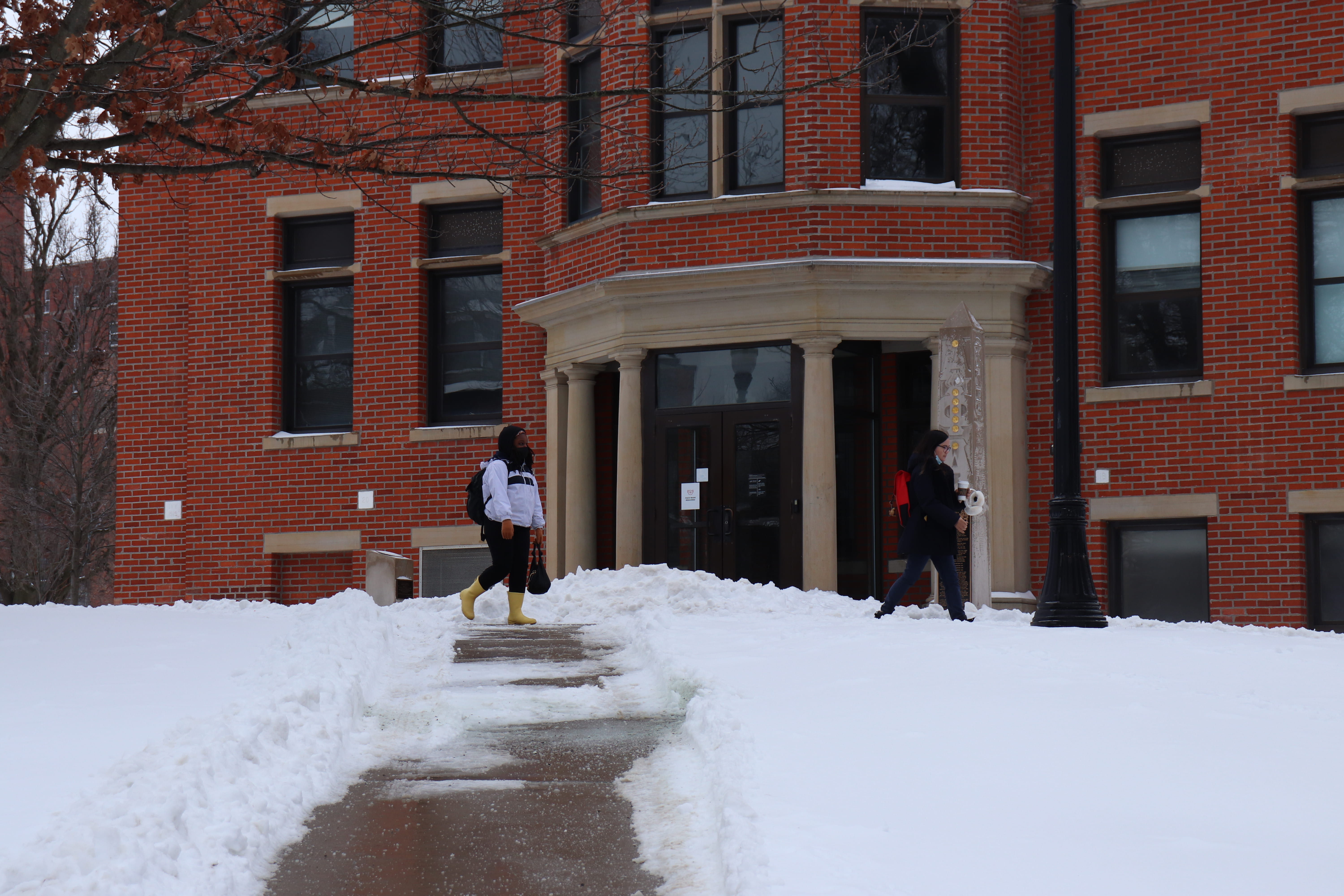 ADA-accessible entrance to Hale Hall is blocked by snow