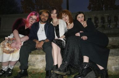 (left to right) Aria Crawford, David Narayanan, Parker Hearst, Audrey Cash and Emma McDonald make up femme-punk band Riot Riders. Credit: Noor Pasha
