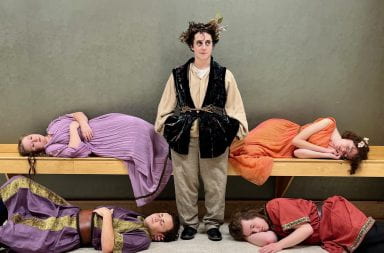 Helena (Analese Mitson), Evan Hopkins (Puck), Hermia (Maddie Green), Lysander (Sammy Sallerson), and Demetrius (Aidan Berry), in Lord Denney’s Players’ “A Midsummer Night’s Dream.” Credit: Sarah Neville