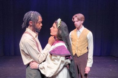(From left to right) Jalen Carr as Leonardo, Shannon McCarren as Bride and Noah Bennett as Bridegroom in the Department of Theatre, Film, and Media Arts’ production of Blood Wedding. Credit: J. Briggs Cormier