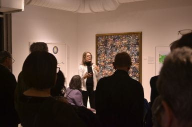 Exhibition curator Janice Glowski speaks during a walk-through tour of the Charles Csuri Memorial Exhibition at Hopkins Hall Gallery on Nov. 3. Credit: Jackson Wood
