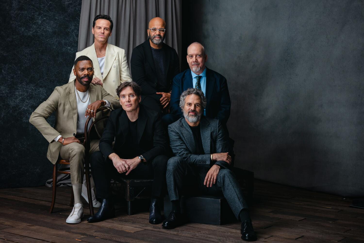 Six performers who turned in some of the most acclaimed work of the year sat down for the 2024 Envelope Actors Roundtable. Front left - Colman Domingo ("Rustin," "The Color Purple"), Cillian Murphy ("Oppenheimer"), Mark Ruffalo ("Poor Things"), Back left - Andrew Scott ("All of Us Strangers"), Jeffrey Wright ("American Fiction," "Rustin," "Asteroid City") and Paul Giamatti ("The Holdovers"). Credit: Jason Armond (via TNS)
