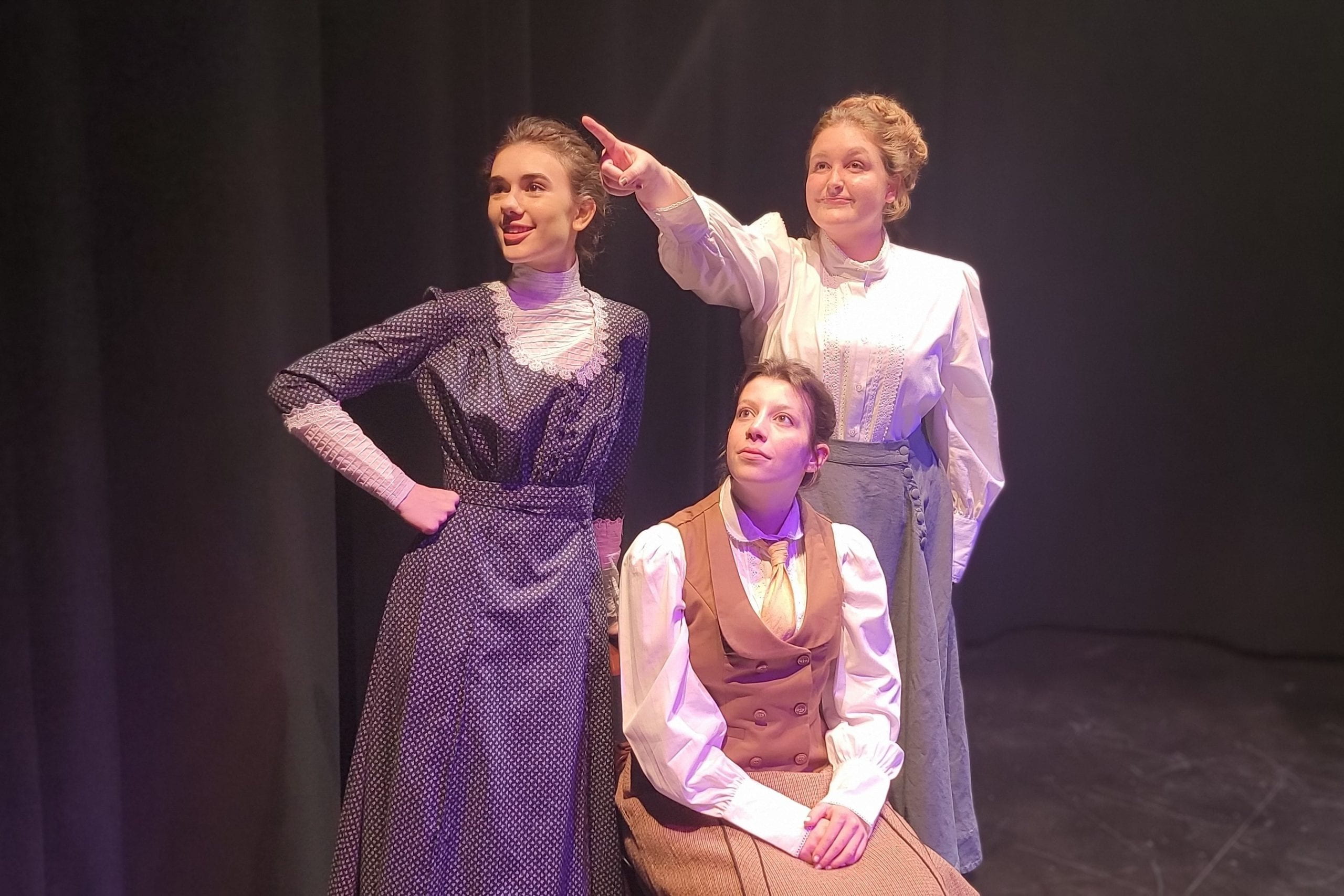(From left to right) Marta Minarik as Williamina Fleming, Hailey Zitzer as Annie Cannon and Gabriella Johnson as Henrietta Leavitt in the Department of Theatre, Film, and Media Arts’ production of "Silent Sky." Credit: J. Briggs Cormier
