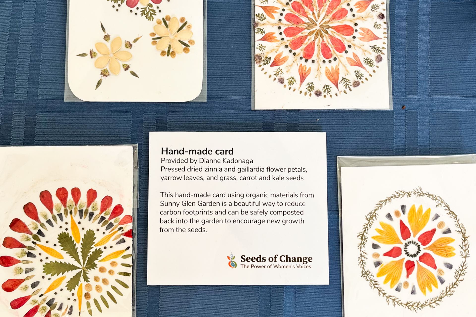 Cards made from pressed flower petals, courtesy of Sunny Glen Garden owner Dianne Kadonaga. Credit: Lauren Spirk | Lantern Reporter