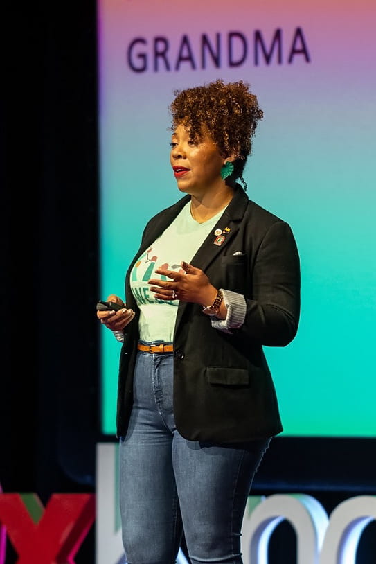 Owens wearing a Forage + Black shirt while speaking at her TEDx Talk, titled “Agricultural Education: A Love Story,” in 2020. Credit: Courtesy of Yolanda Owens