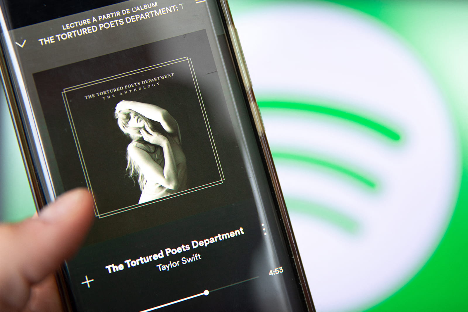 This photograph taken in Paris on April 19, 2024, shows a smartphone displaying Taylor Swift's new album "The Tortured Poets Department" on Spotify. (AFP via Getty Images/TNS)