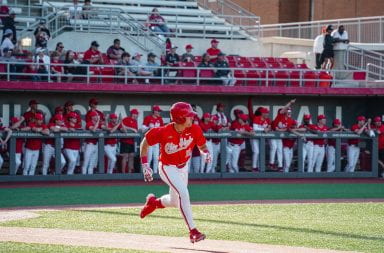 Senior utility player Hunter Rosson scores to ensure the Buckeyes' fourth consecutive game with a home run during Ohio State's matchup against the University of Cincinnati Tuesday. Credit: Courtesy of Ohio State Athletics