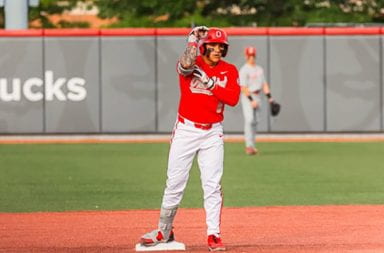 Ohio State freshman left fielder Isaac Cadena stands on second base in the Buckeyes 13-9 victory over Youngstown State. Cadena would knock in his career-high in RBIs (4) in the contest. Credit: Courtesy of Ohio State Athletics