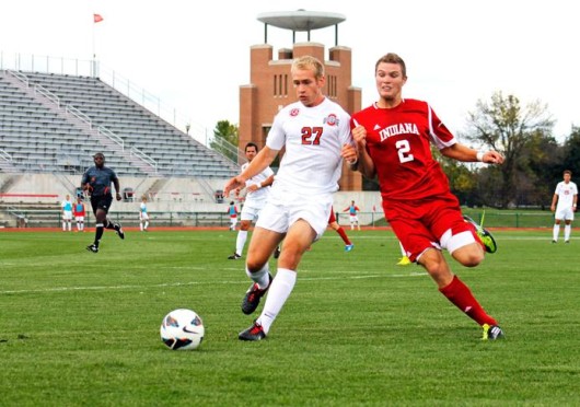 Then-sophomore defender Zach Dobey battles for space during a game against Indiana Sept. 23, 2012 at Jesse Owens Memorial Stadium. OSU lost, 2-0.