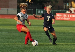 Shelby Lum / Photo editor Senior defender Megan Fuller controls the ball during a game against Pittsburgh on Aug. 28, at Jesse Owens Memorial Stadium. OSU won, 2-0.