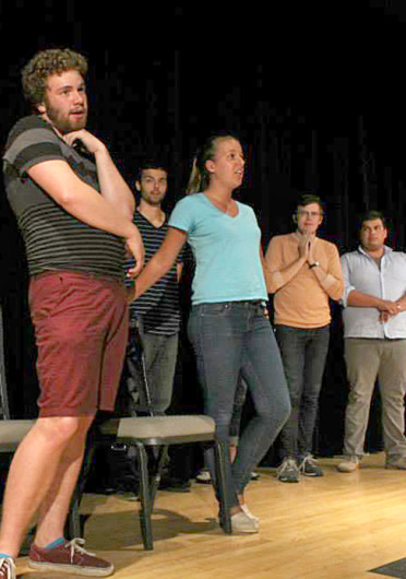 Members of OSU's Fishbowl Improv group perform during their Welcome Week Show Aug. 19. Fishbowl Improv is set to participate in Improv Wars, a competition between improv groups, starting Oct. 1.  Credit: Courtesy of Facebook