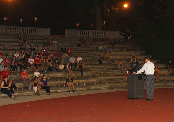 Jeffrey Lewis, a professor in international studies, speaks at the 9/11 Day of  Remembrance at Browning Amphitheater Sept. 11. Credit: Eric Seger / Sports editor