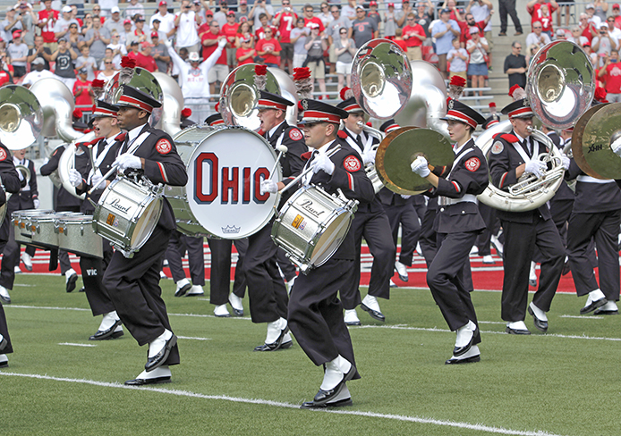 The OSU Marching Band plays at halftime of the OSU vs. Buffalo Aug. 31. OSU won, 40-20. This year marks the 40th anniversary of women first joining the band. Credit: Ritika Shah / Asst. photo editor