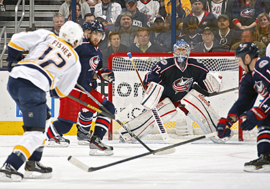 Columbus Blue Jackets goalie Sergei Bobrovsky (72) watches the shot of the Nashville Predators' Mike Fisher (12) in the first period at Nationwide Arena in Columbus, Ohio, on Saturday, April 27, 2013. Credit: Courtesy of MCT