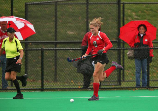 Then-sophomore midfielder Mona Frommhold plays the ball during a game against Penn State Oct. 19, 2012, at Buckeye Varsity Field. OSU lost, 3-0. Credit: Courtesy of Facebook