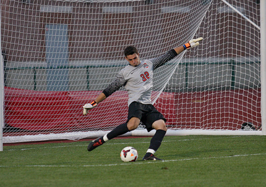 Ohio State junior goalkeeper Alex Ivanov kicks the ball in a game against Wright State Sept. 17 at Jesse Owens Memorial Stadium. OSU and WSU tied, 0-0 in double overtime