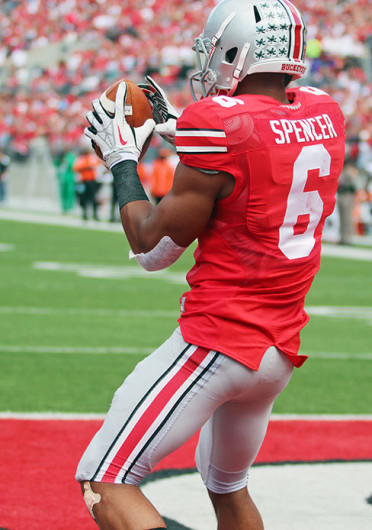 Junior wide receiver Evan Spencer (6) scores a touchdown during a game against Florida A&M  Sept. 21 at Ohio Stadium. OSU won, 76-0. Credit: Kaily Cunningham / Multimedia editor