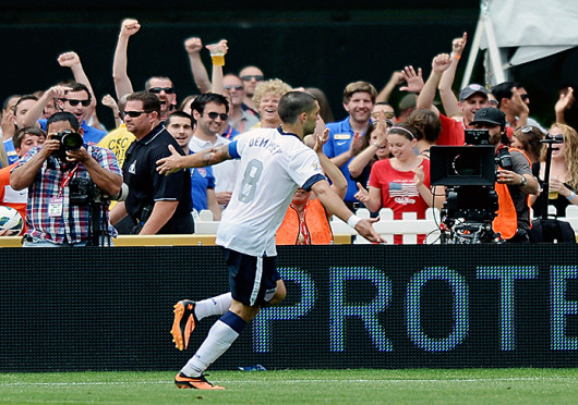 U.S. midfielder Clint Dempsey celebrates a goal during a match against Germany June 2, at RFK Stadium. The U.S. won, 4-3. Credit: Courtesy of MCT