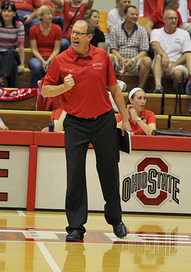 Women's volleyball coach Geoff Carlston directs his team during a match against Dabrowa Sept. 4, at St. John Arena. OSU won, 3-2. Credit: Shelby Lum / Photo editor