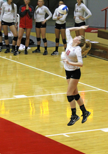 Freshman right side hitter Taylor Sandbothe (10) serves the ball during a game against Dabrowa Sept. 4 at St. John Arena. OSU won, 3-2. Credit: Shelby Lum / Photo editor